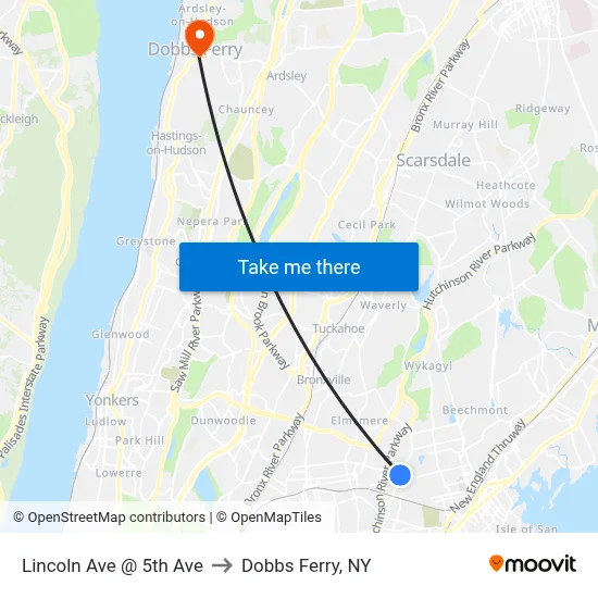 Lincoln Ave @ 5th Ave to Dobbs Ferry, NY map
