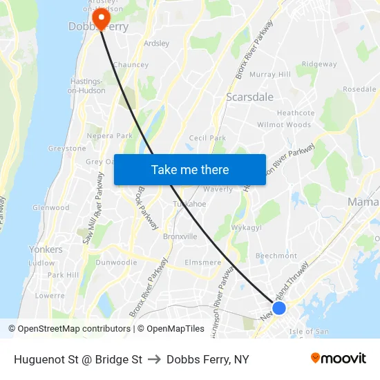Huguenot St @ Bridge St to Dobbs Ferry, NY map
