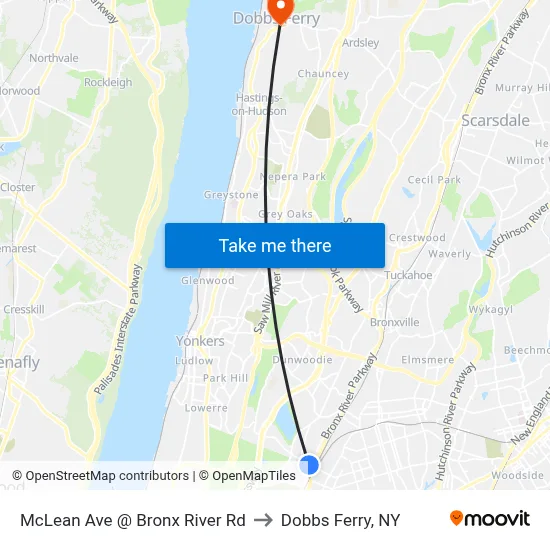 McLean Ave @ Bronx River Rd to Dobbs Ferry, NY map
