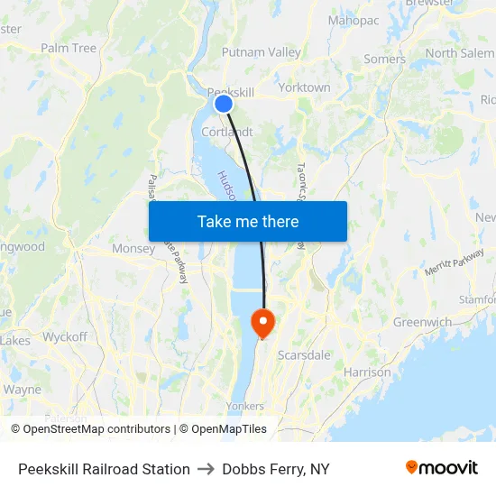Peekskill Railroad Station to Dobbs Ferry, NY map