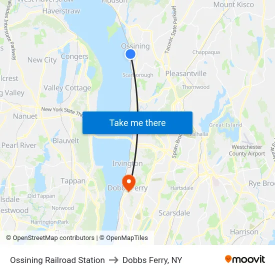 Ossining Railroad Station to Dobbs Ferry, NY map