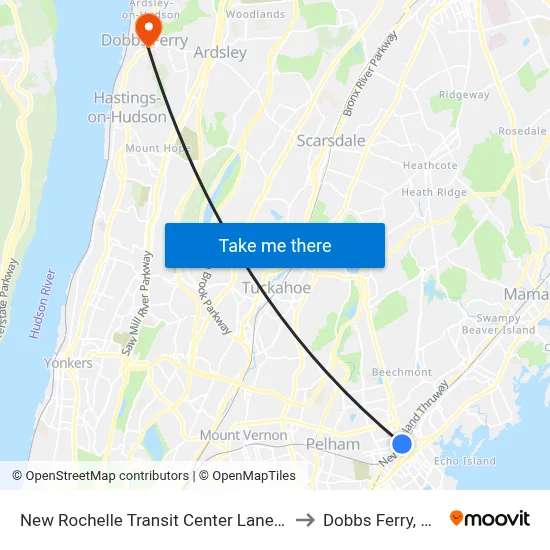 New Rochelle Transit Center Lane D to Dobbs Ferry, NY map