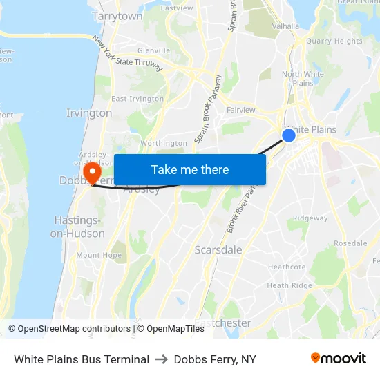 White Plains Bus Terminal to Dobbs Ferry, NY map