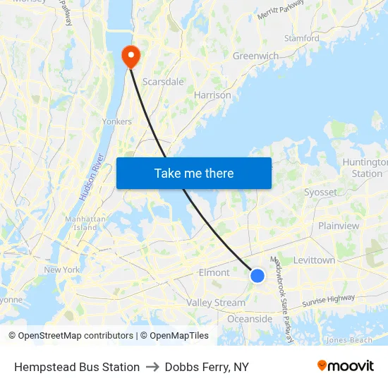 Hempstead Bus Station to Dobbs Ferry, NY map