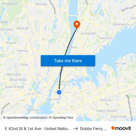 E 42nd St & 1st Ave - United Nations to Dobbs Ferry, NY map