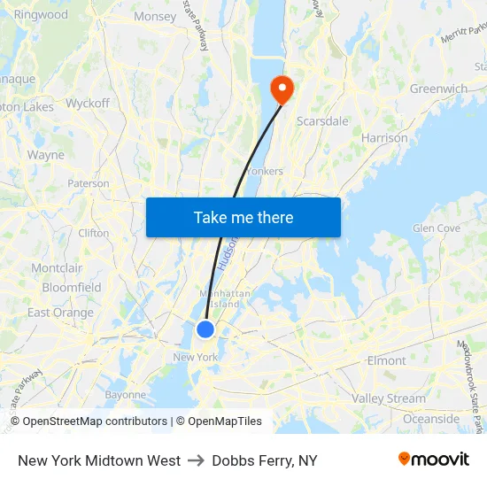 New York Midtown West to Dobbs Ferry, NY map