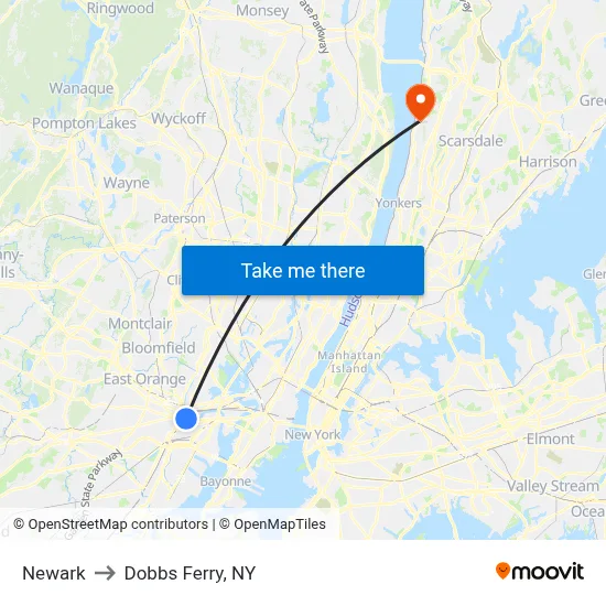 Newark to Dobbs Ferry, NY map