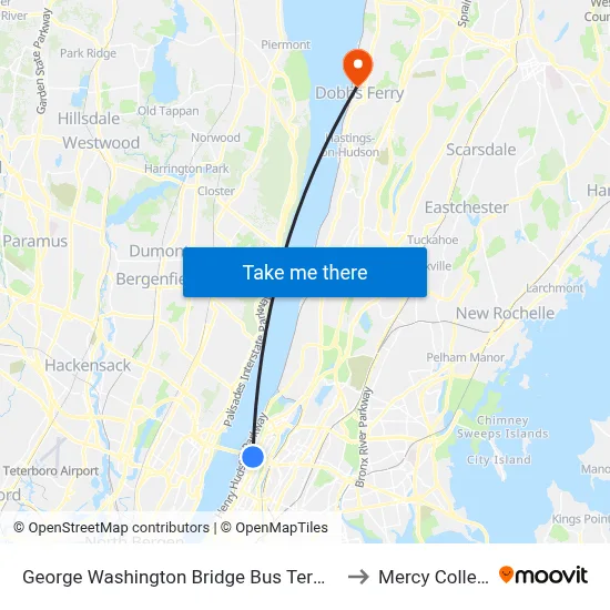 George Washington Bridge Bus Terminal to Mercy College map