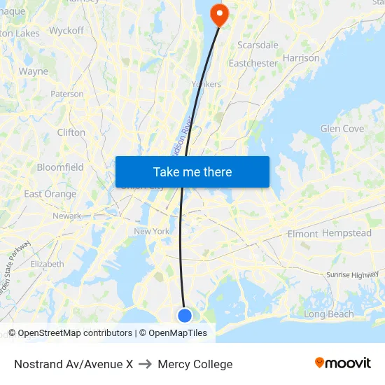 Nostrand Av/Avenue X to Mercy College map