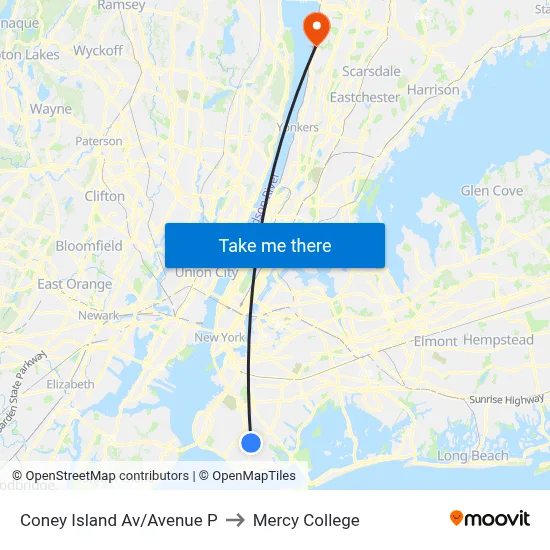 Coney Island Av/Avenue P to Mercy College map