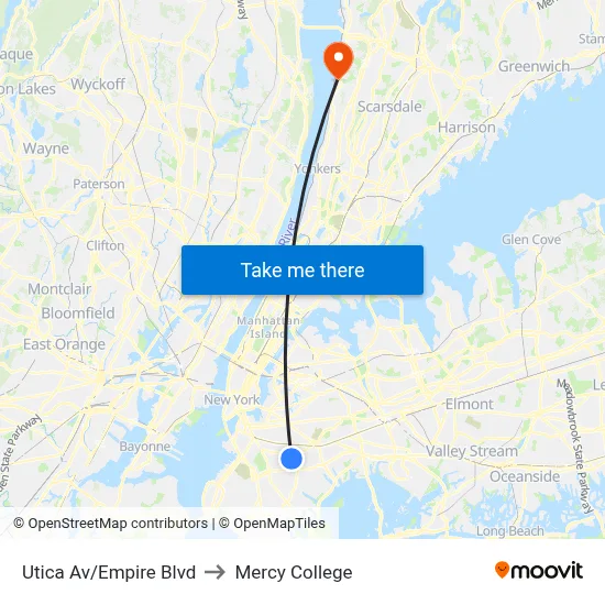 Utica Av/Empire Blvd to Mercy College map