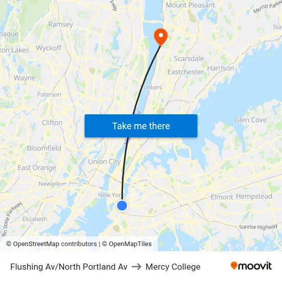 Flushing Av/North Portland Av to Mercy College map