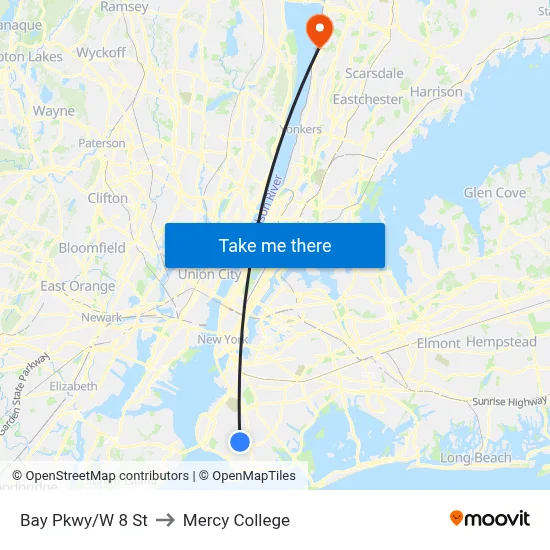 Bay Pkwy/W 8 St to Mercy College map