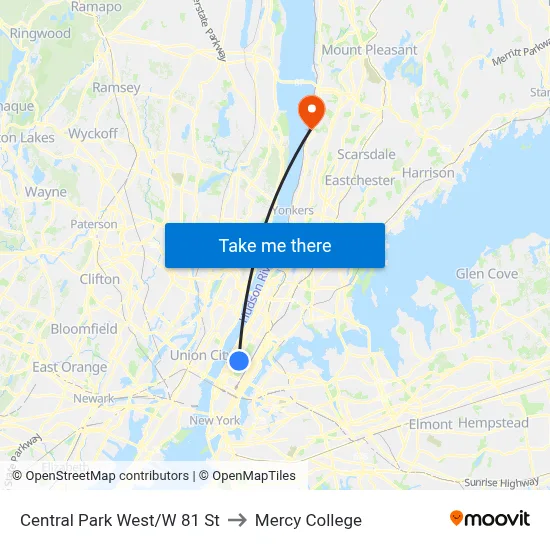 Central Park West/W 81 St to Mercy College map