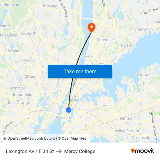 Lexington Av / E 34 St to Mercy College map