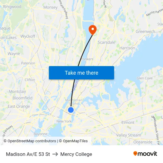 Madison Av/E 53 St to Mercy College map