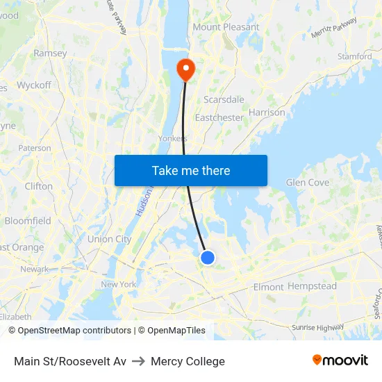 Main St/Roosevelt Av to Mercy College map