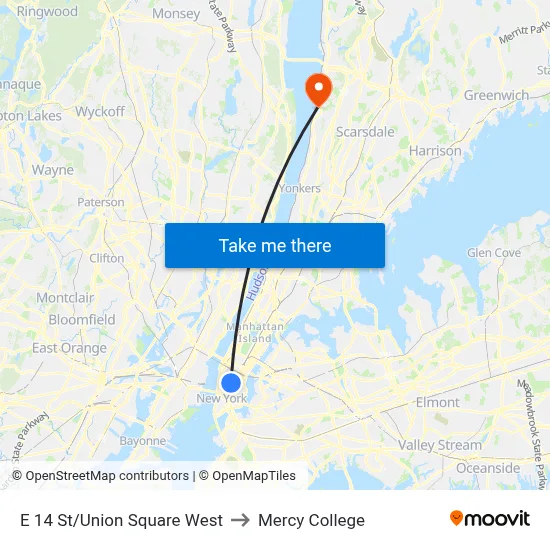 E 14 St/Union Square West to Mercy College map