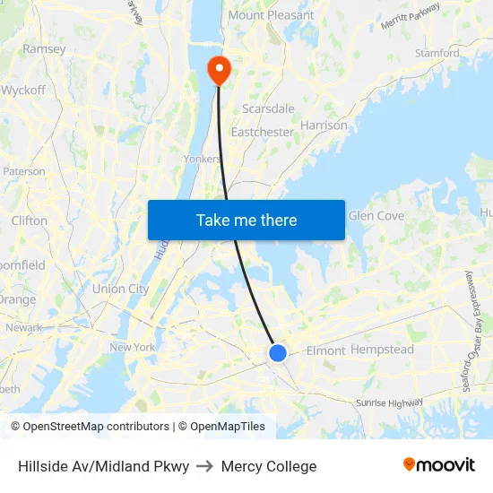 Hillside Av/Midland Pkwy to Mercy College map