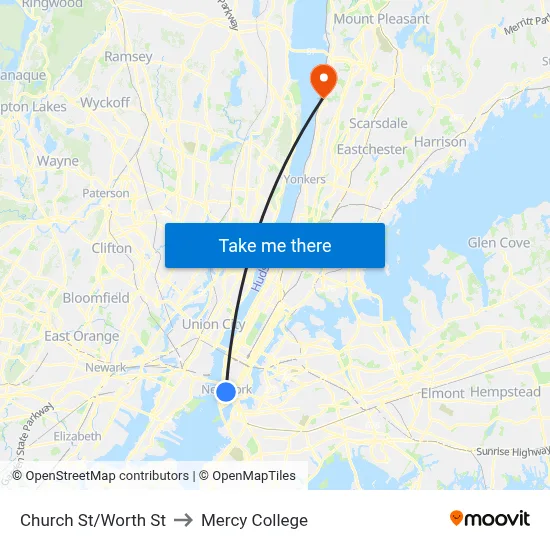 Church St/Worth St to Mercy College map