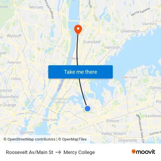 Roosevelt Av/Main St to Mercy College map