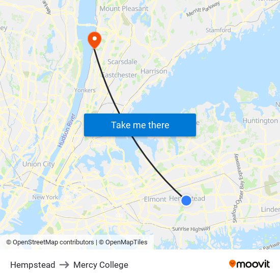 Hempstead to Mercy College map