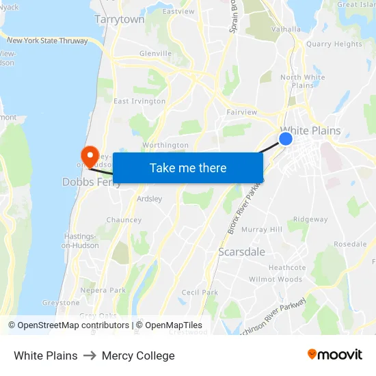 White Plains to Mercy College map