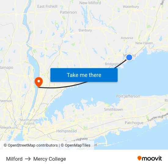Milford to Mercy College map
