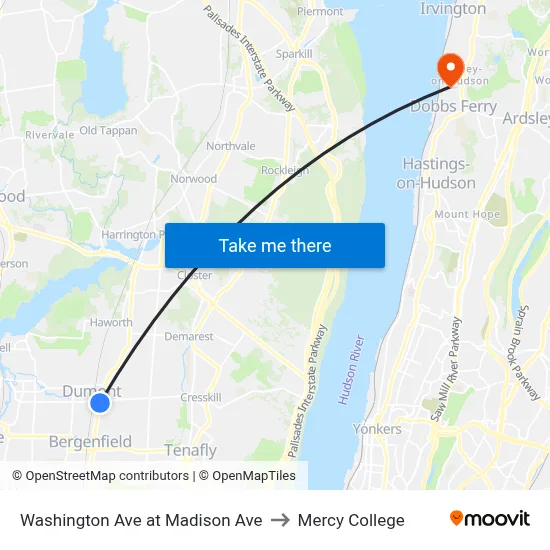 Washington Ave at Madison Ave to Mercy College map