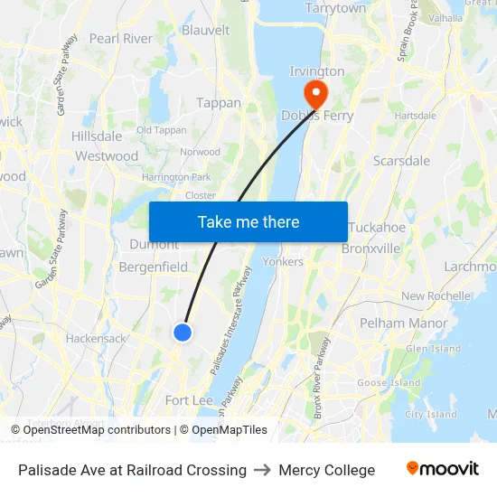 Palisade Ave at Railroad Crossing to Mercy College map