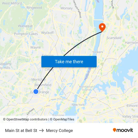 Main St at Bell St to Mercy College map