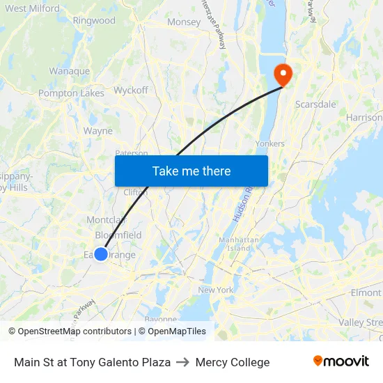 Main St at Tony Galento Plaza to Mercy College map