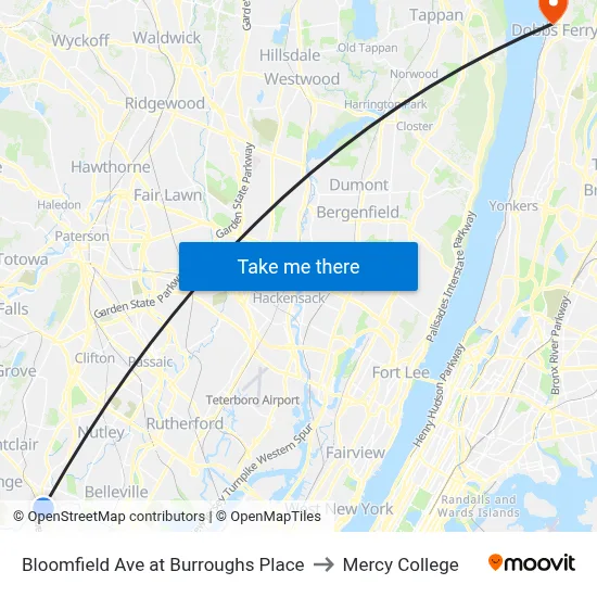 Bloomfield Ave at Burroughs Place to Mercy College map