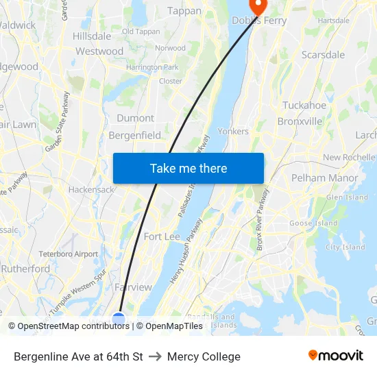 Bergenline Ave at 64th St to Mercy College map