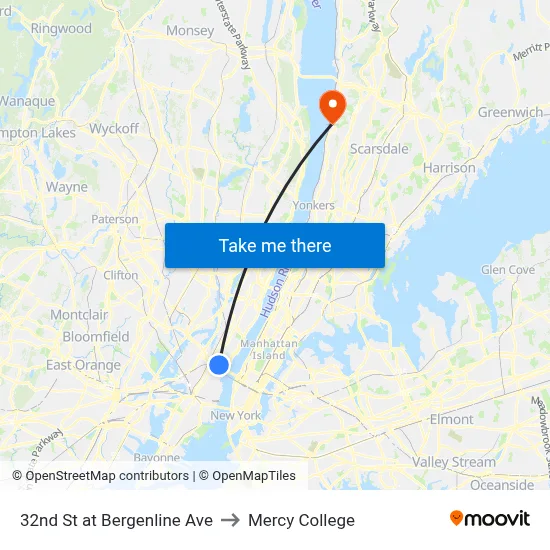 32nd St at Bergenline Ave to Mercy College map
