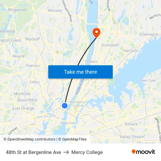48th St at Bergenline Ave to Mercy College map