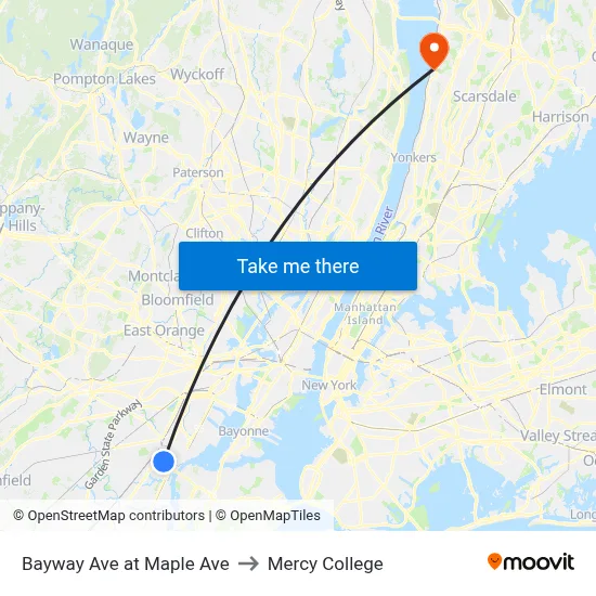 Bayway Ave at Maple Ave to Mercy College map