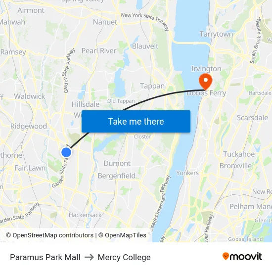 Paramus Park Mall to Mercy College map