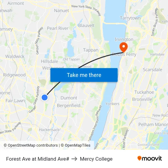 Forest Ave at Midland Ave# to Mercy College map