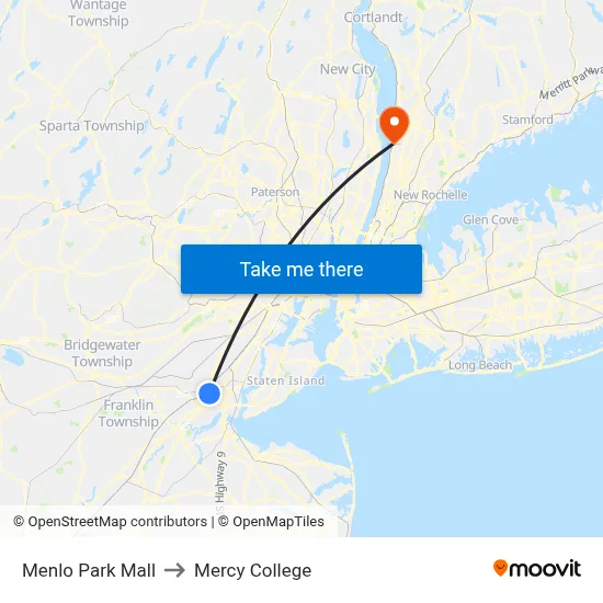 Menlo Park Mall to Mercy College map