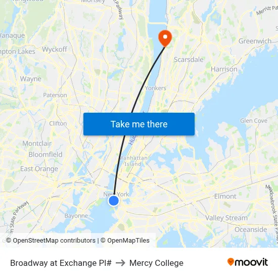 Broadway at Exchange Pl# to Mercy College map