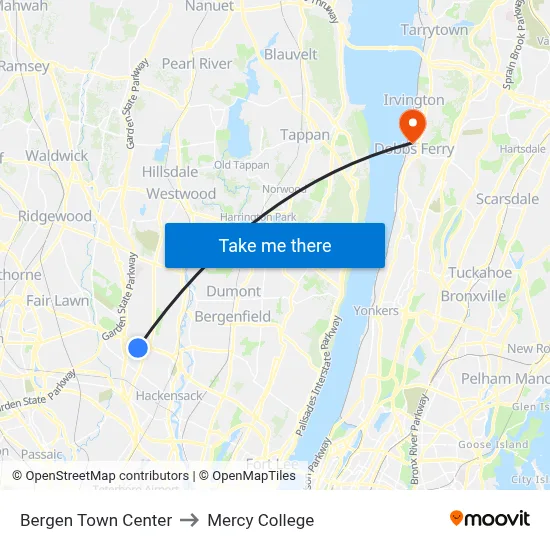 Bergen Town Center to Mercy College map