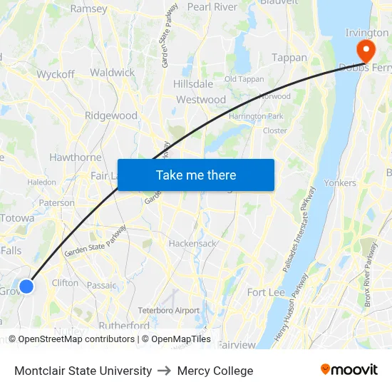 Montclair State University to Mercy College map
