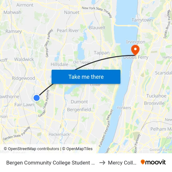 Bergen Community College Student Center to Mercy College map