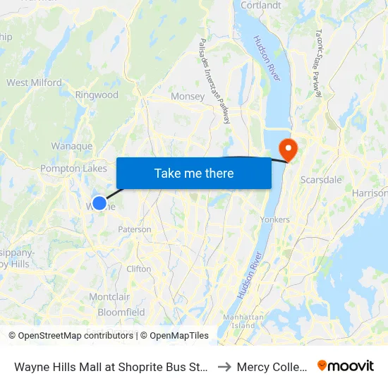 Wayne Hills Mall at Shoprite Bus Stop to Mercy College map