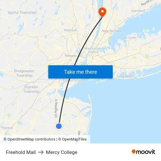 Freehold Mall to Mercy College map
