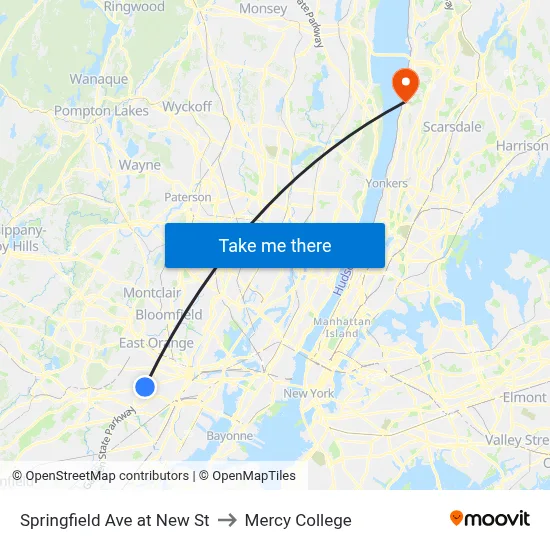 Springfield Ave at New St to Mercy College map