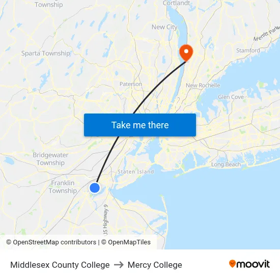 Middlesex County College to Mercy College map