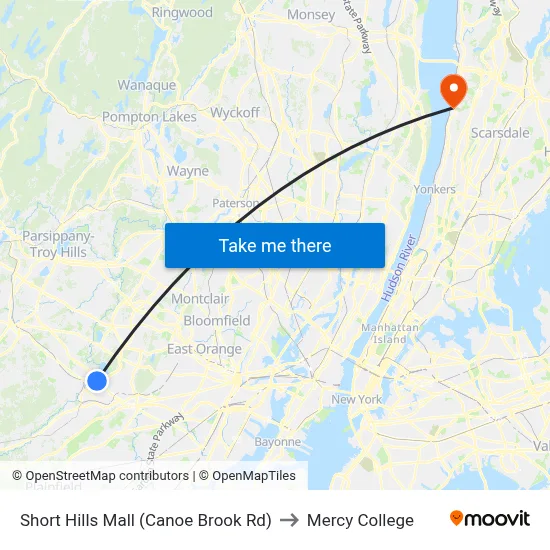 Short Hills Mall (Canoe Brook Rd) to Mercy College map