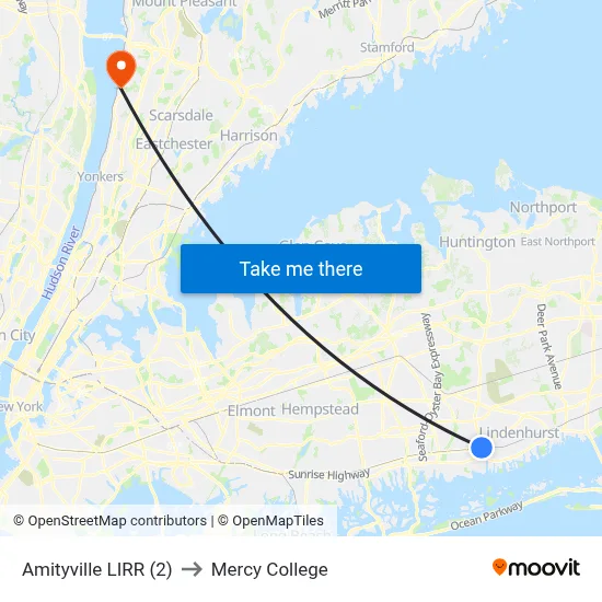 Amityville LIRR (2) to Mercy College map